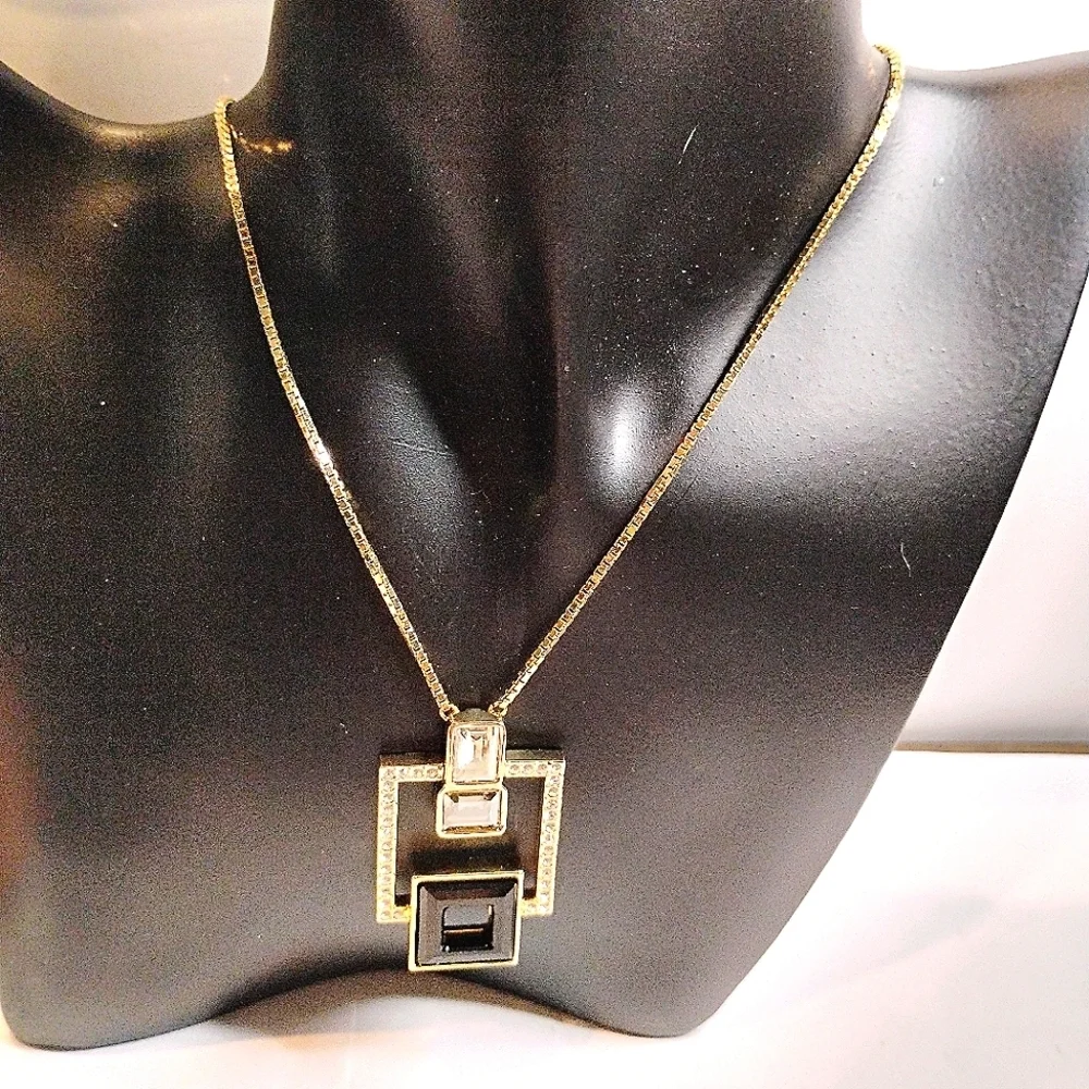 Signed Art Deco Swarovski Gold Tone Harpers‎ Pendant Necklace